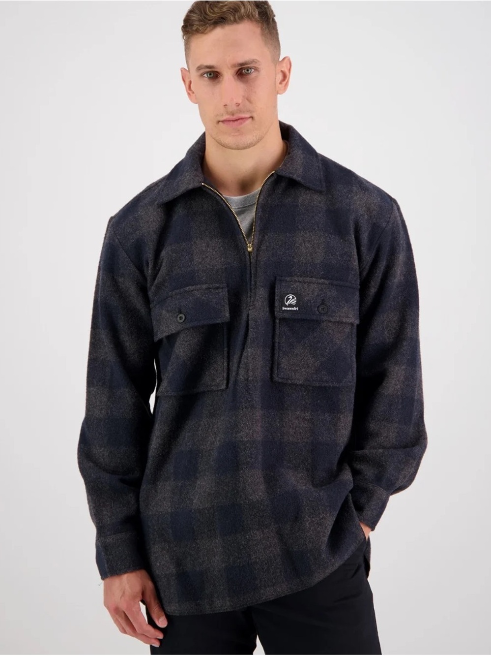 Men's Plaid Navy & Gray Lightweight Zip-Front Overshirt